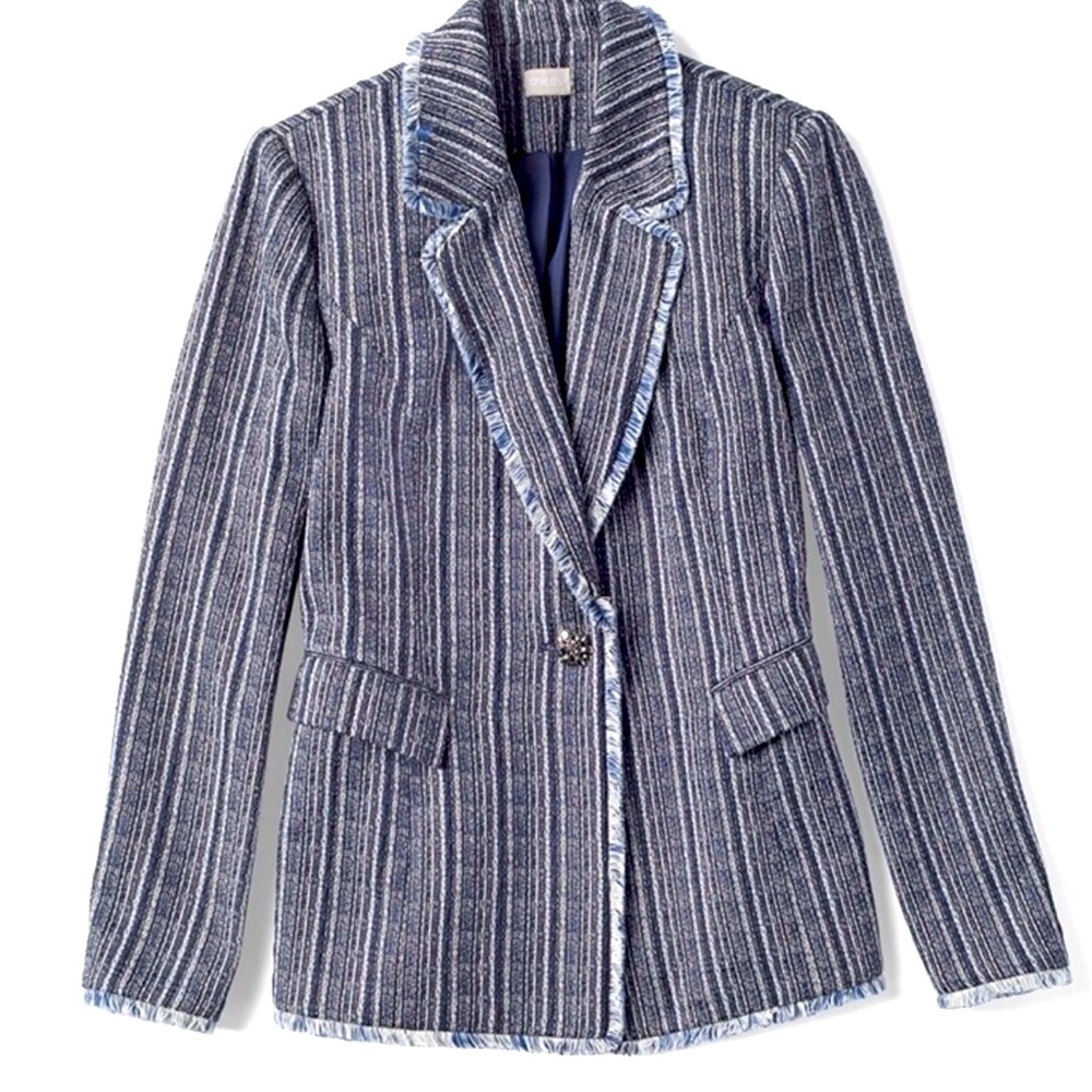 NWT Chicos navy striped blazer w/ fringe detailing. Chico sz “3” (women’s 16/18)